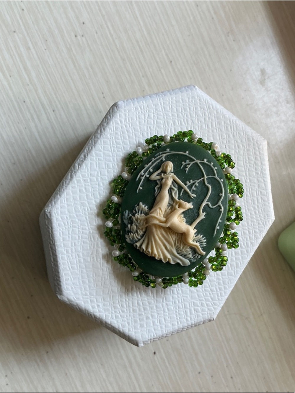Green Cameo Brooch with Beaded Frame